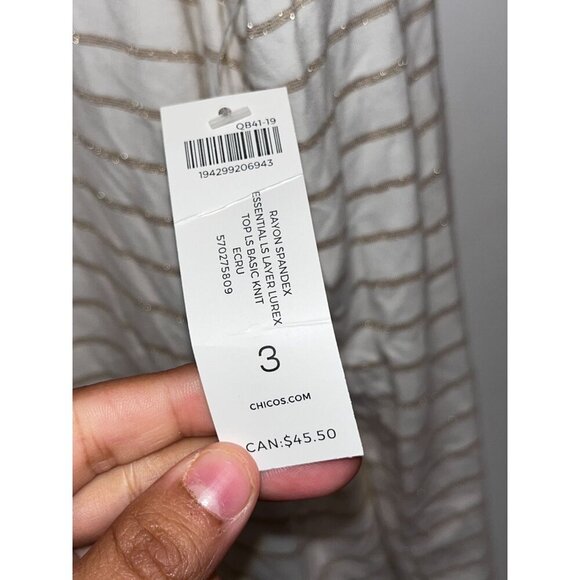 NWT Chicos White & Gold Striped Long Sleeve  Women's Top Size XL - Picture 4 of 9